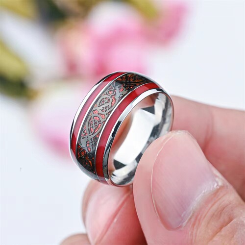 Cross-border Accessory Black Stainless Steel Red Base Dragon Pattern Ring European and American Fashion Men's Ring Wholesale