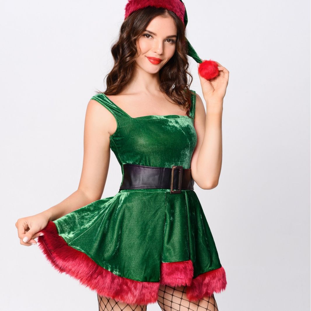 Kleidung für Frauen Erwachsene Set Kaninchen Mädchen COS Grün Weihnachten Leistung Kleid Sexy Uniform_voghion.com