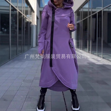 2025秋冬欧美跨境亚马逊百搭纯色长袖卫衣连帽拉链休闲长款连衣裙