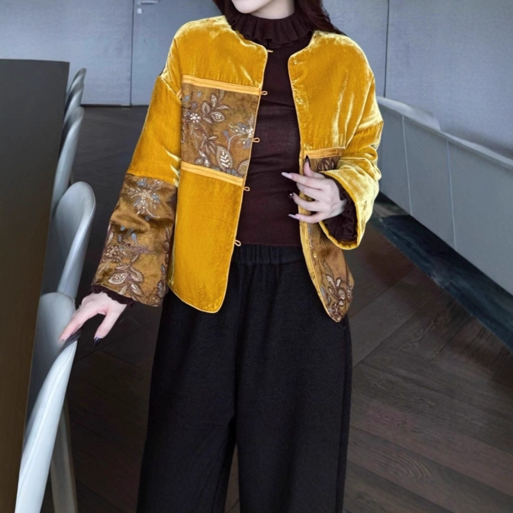 二色 秋冬新款新中式轻奢真丝丝绒拼重工刺绣加厚棉外套棉衣