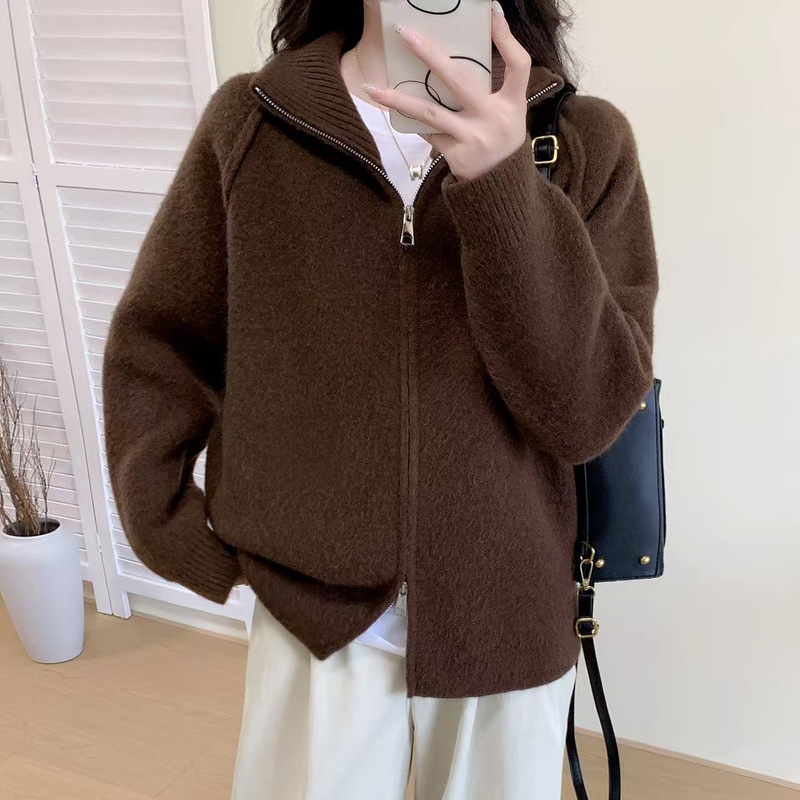 跨境慵懒风毛衣外套女2025秋冬新款韩系纯色立领拉链针织开衫|undefined