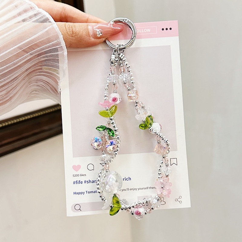 Boutique hecho a mano cadena de teléfono móvil de alta gama pulsera de cristal de cereza cordón de teléfono móvil de moda colgante de mensajero corto
