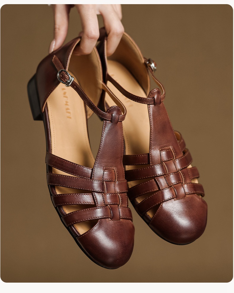 Sandal nữ mũi nhọn da bò quai chữ T gót thấp phong cách La Mã — nâu chi tiết 12