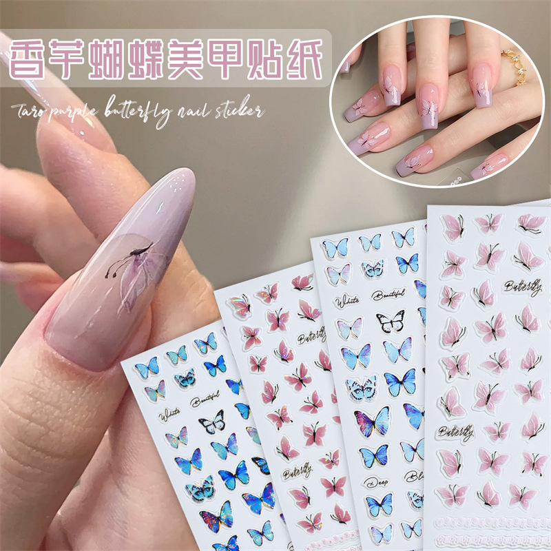 Pegatinas de uñas en relieve de mariposa de taro explosiva Pegatinas de uñas de mariposa azul puro 5D calcomanías de uñas tridimensionales