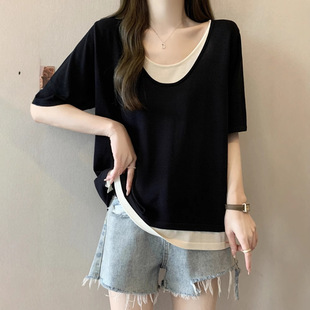 Plus Size Women's Belly-Covering Fake Two-Piece Ice Silk Bottoming Shirt for Women in Summer, Loose and Slimming Look Short-Sleeved Knitwear for Fat Girls