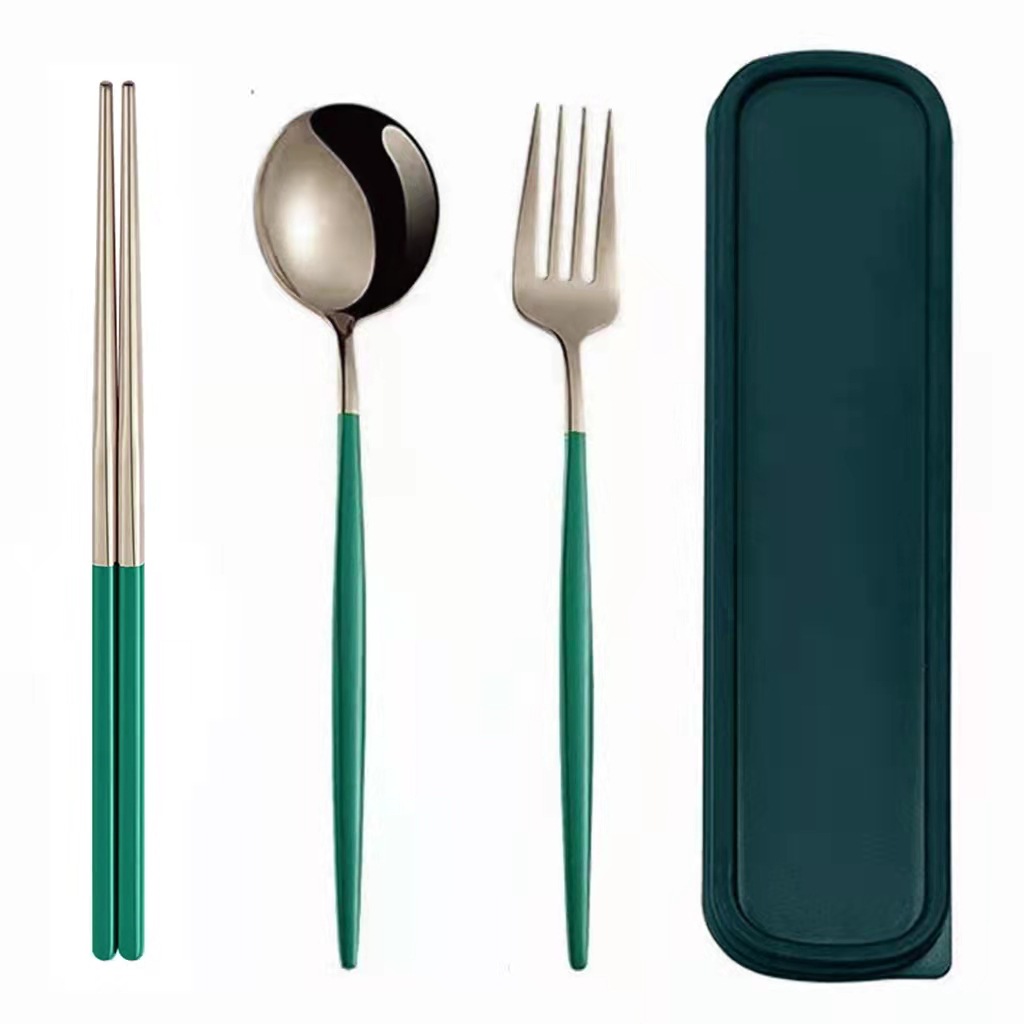Juego de vajilla portátil de acero inoxidable Portugal palillos horquilla palillos viaje conjunto de tres piezas conveniente vajilla Net rojo regalo cuchara