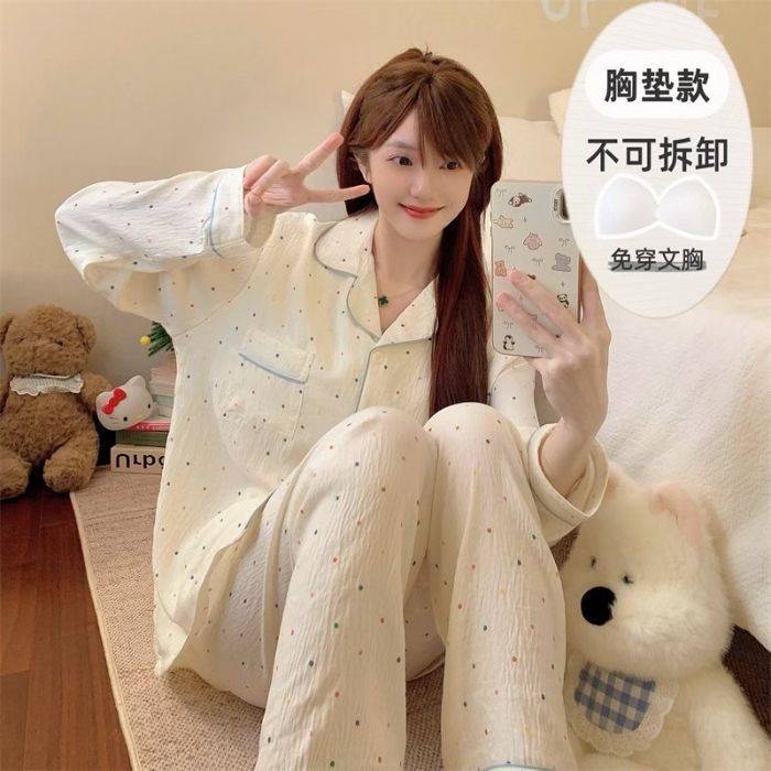Al por mayor transfronterizo otoño nuevo pijama de nube de algodón con collar cardigan con cojín de pecho manga larga dulce conjunto de ropa de hogar
