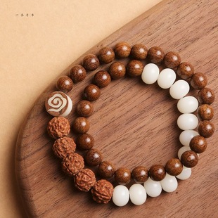 Casual Design Handmade Golden Sandalwood Buddha Beads Bracelet White Jade Rudraksha Wooden Sandalwood Couple Bracelet for Men and Women