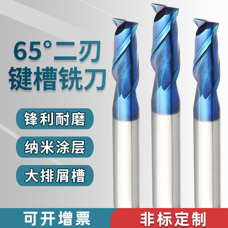 65度二刃键槽钨钢铣刀不锈钢淬火专硬质合金加长平底立铣刀