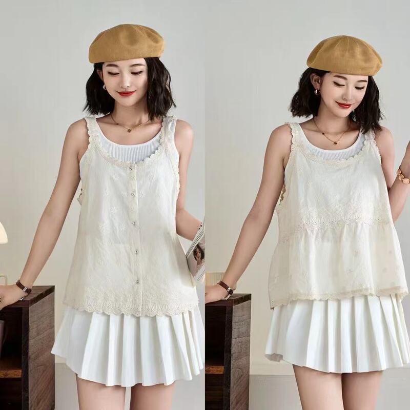 2025 Summer New Japanese Style Fresh Sweet U-Shaped Lace Round Neck Versatile Camisole Shirt Top Women's Clothing