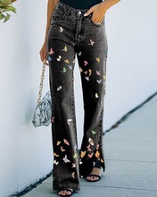 BD260克斜纹布2022女士牛仔裤欧美女装3D图案裤长裤休闲时尚百搭