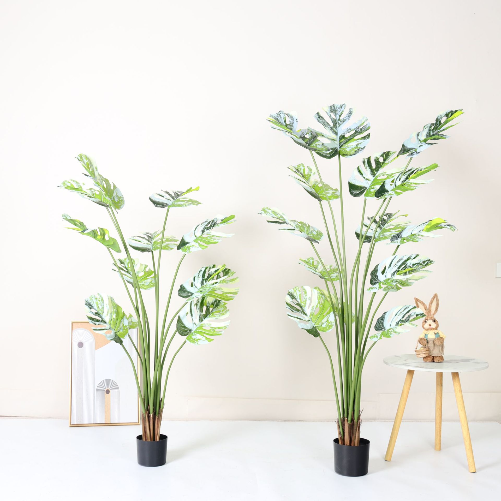 Simulación de plantas verdes, bordes blancos, monstera, decoración de hojas, plantas en macetas, sala de estar, oficina, decoración de paisaje de piso a techo, plantas biónicas