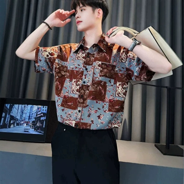Trendy Street-Style Shirt for Men, Short-Sleeve, Super Stylish, Ice Silk Half-Sleeve, 2026 New Model, High-End Printed Clothing for Men