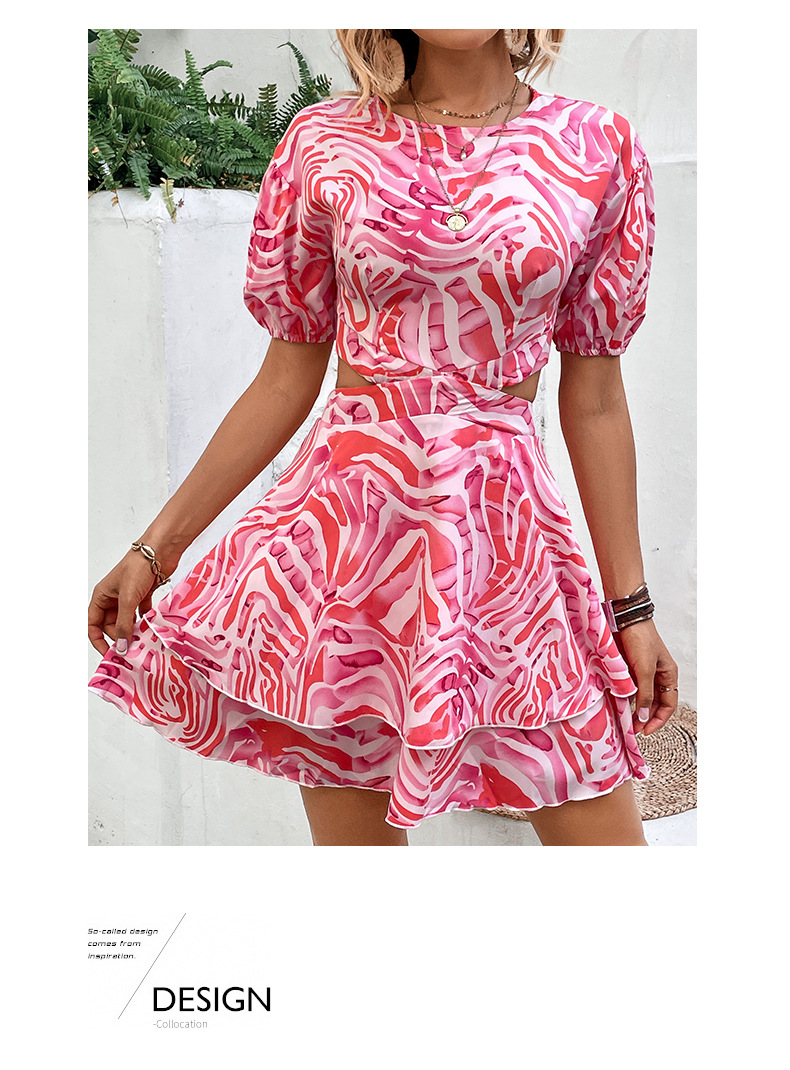 219g Weight Knee-Length Dress Length Type Short Sleeve Sleeve Length Tiered Skirt Dresses Type Wholesale Women'S Sexy Printing Hollow Out Stripe Holiday Round Neck Short Sleeve Tiered Skirt