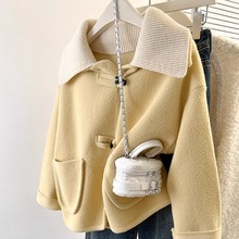 小香风珍珠绒毛呢外套女冬季小个子加厚针织翻领短款妮子大衣上衣