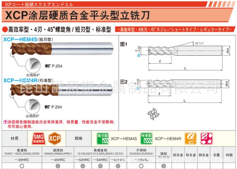 米思米XCP涂层硬质合金平头型立铣刀高硬度钢加工用高效率型4刃