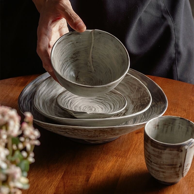 Fenghua Guan Jingdezhen Wood-fired Rustic Ceramic Vintage Bowl and Plate Set, Household Dinnerware with a High-end Feel