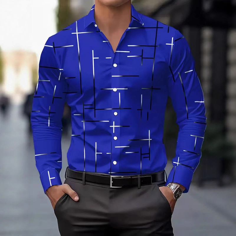 Men's Long-Sleeved Shirts, Spring & Fall High-End Line Design, Business Casual, Cross-Border Popular, Handsome Trendy Printed Tops
