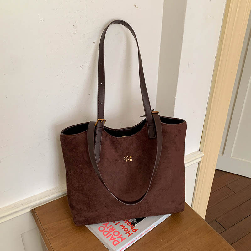 Túi tote nữ cỡ lớn phong cách retro, đựng nhiều đồ, có quai đeo vai và kẹp nách — Màu cà phê PU, PU đen, màu cà phê, đen chi tiết 12