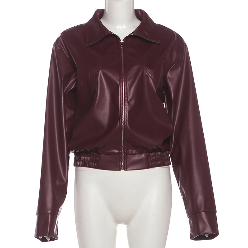 Autumn Winter Collared Zipper Solid Color Casual Poly Urethane Leather Stitching Long Sleeve Coat 13 Autumn Winter Collared Zipper Solid Color Casual Poly Urethane Leather Stitching Long Sleeve Coat