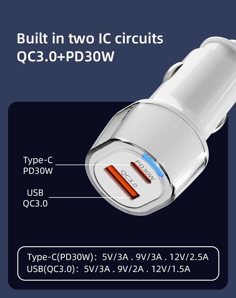 Suitable for Huawei Honor Super Fast Charging 100W One-To-Two Cigarette Lighter Adapter Pd30W Car Charger
