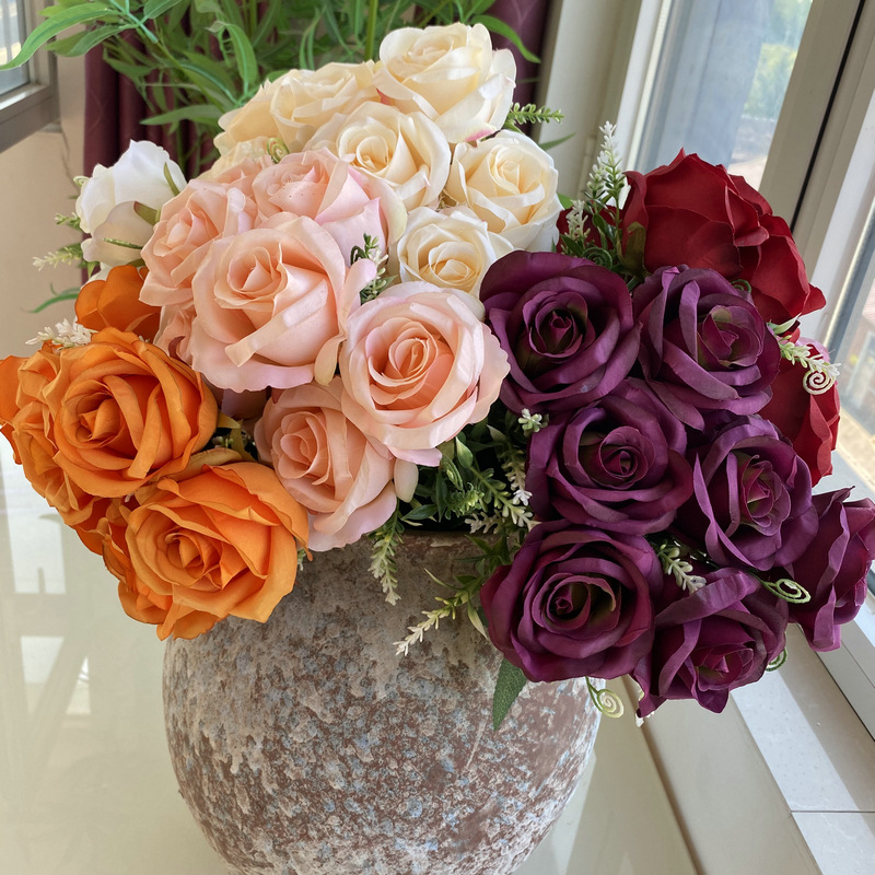 Rosa artificial ramo 7 dulces rosas hogar Decoración flor arreglo Boda boda decoración falsa flor sosteniendo Flor de seda