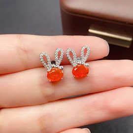 跨境专供天然火欧泊S925耳钉5*7mm珠宝首饰手女生配饰工厂批发