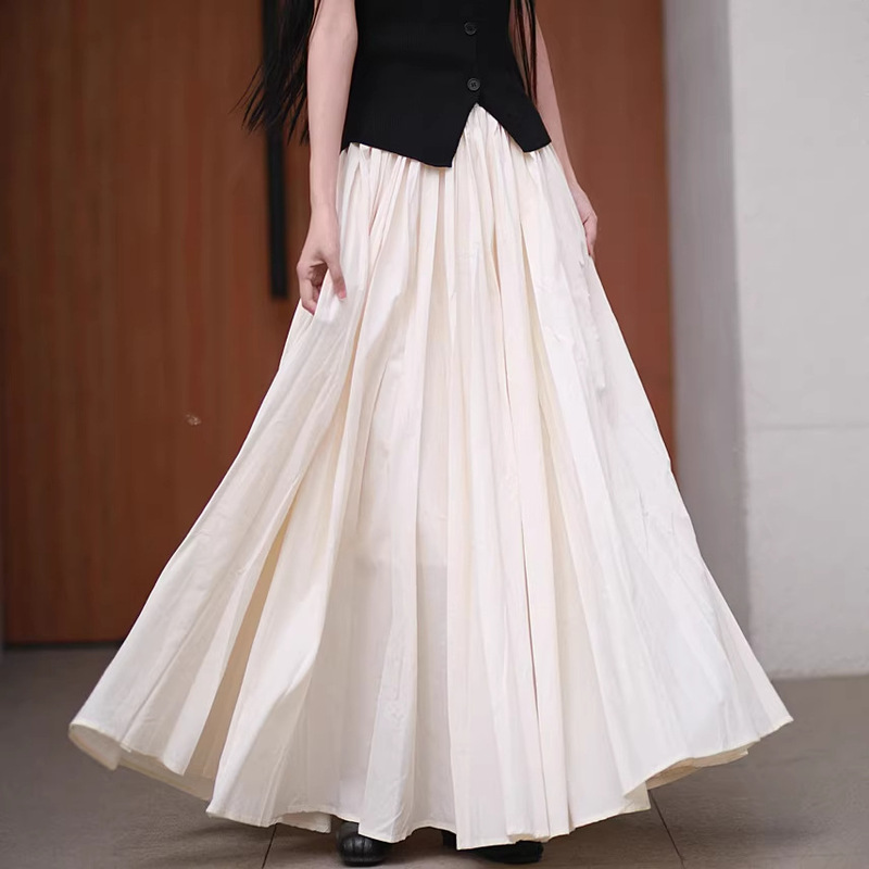 26 Spring and Summer New Style All-Cotton Double-Layer Ultra-Large Hem Retro Elastic Waist Skirt Beige Elegant Skirt