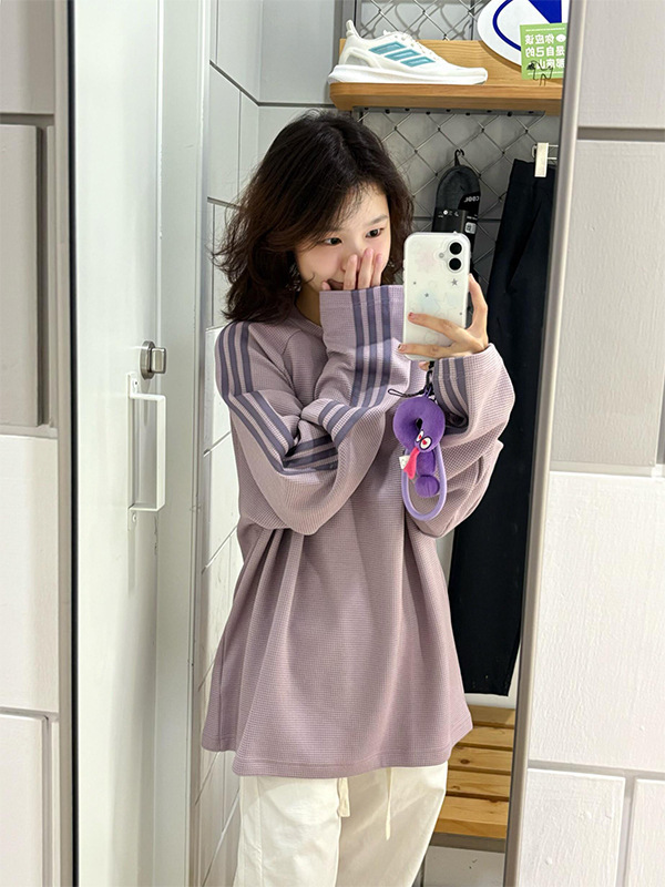 美式潮牌三条杠华夫格无帽卫衣女春秋oversize薄款外套慵懒上衣|undefined