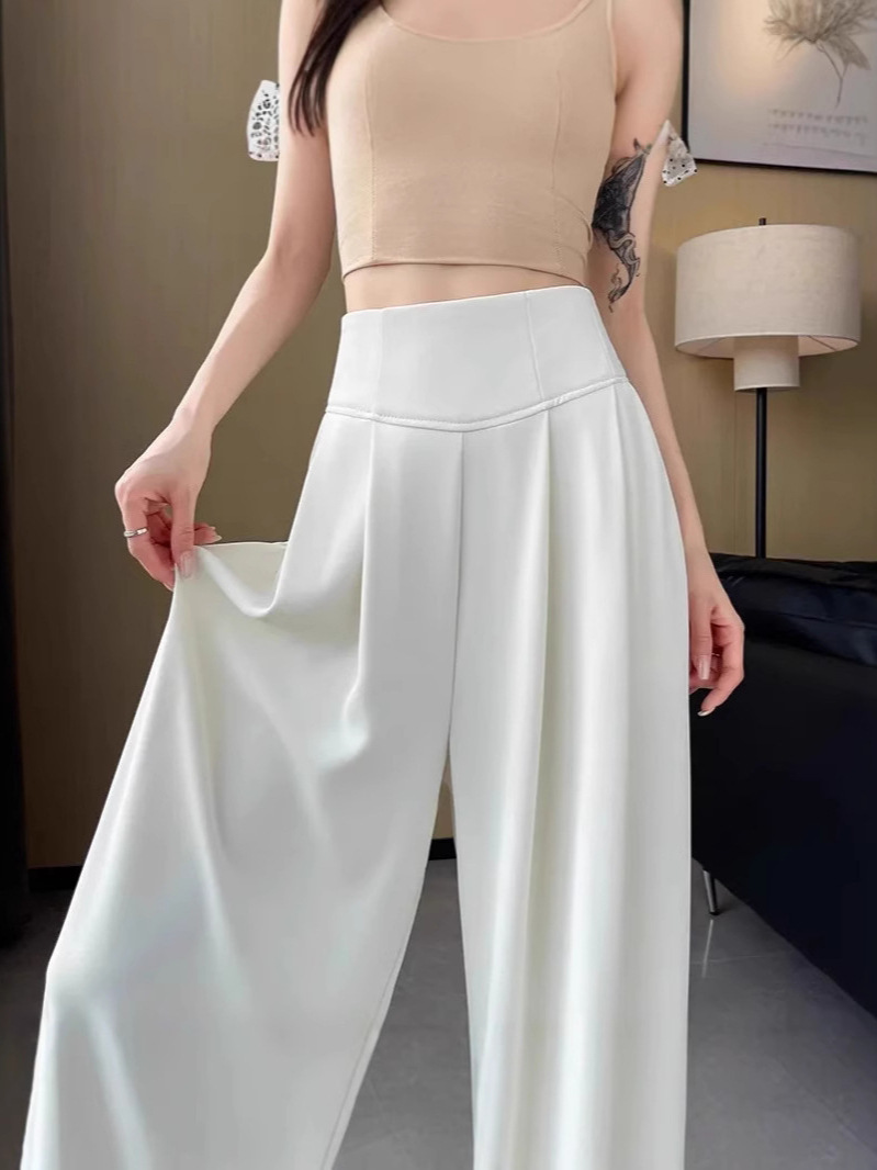Pantalones de traje gris de alta calidad para mujeres de verano delgados pantalones de piernas anchas abdominales de cintura alta colgante sensación suelta de toallas casuales