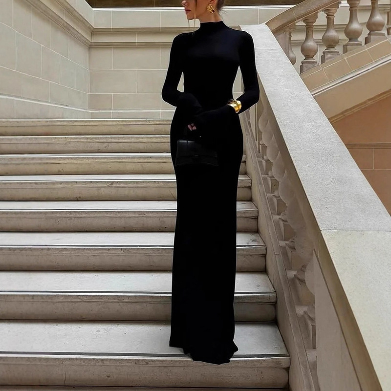 W456Ds European and American Cross-Border High-Neck Long-Sleeve Slim-Fit Solid Color High-Waist Beautiful Back Ring-Decorated Long Bodycon Dress