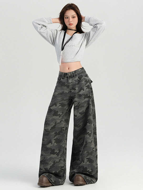オレンジシルクの女性服 # アメリカンホットガール迷彩ハイウエストワイドレッグカジュアルパンツ女性の秋の新しいハイストリートスリムフロアモップパンツ