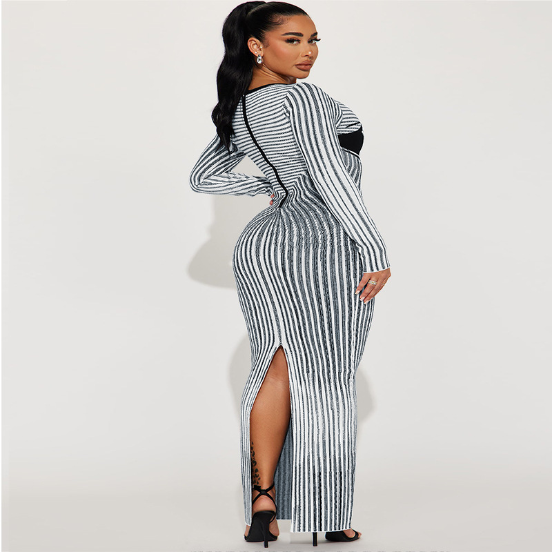 Women's Clothing Plus Size Women's Round Neck Slit Long Sleeve Dress Long Sleeve For Formal & Casual For Women_ecoleips.com