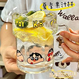 New Crayon Shin-Chan Printed Glass Cup Ins Melody Handle Cup Cartoon Water Cup Juice Coffee Cup
