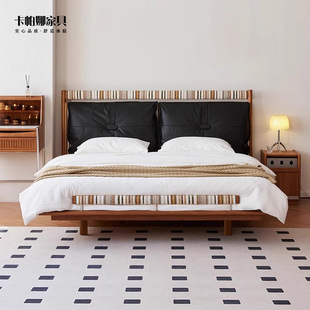 French-Style Vintage Solid Ash Wood Genuine Leather Upholstered Berlin Bed for Small Spaces, Mid-Century Style Master Bedroom Double 1.8m Large Bed