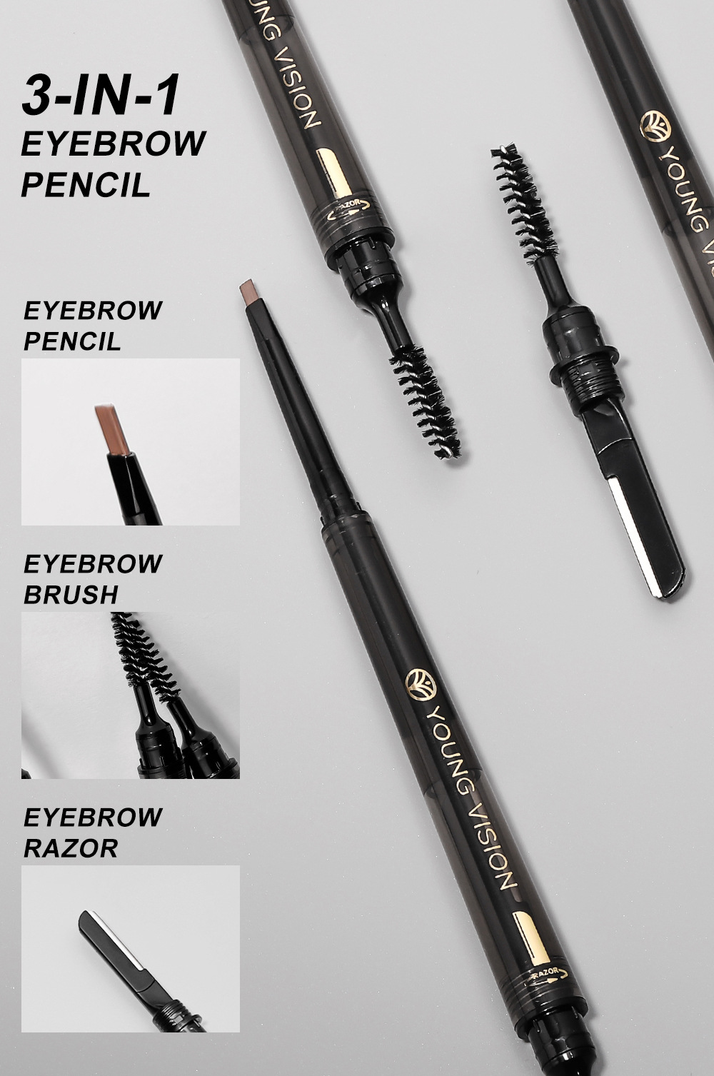 YOUNG VISION's foggy three-in-one eyebrow pencil is not prone to smudging. It features a fine and soft brush and eyebrow blade Item Picture