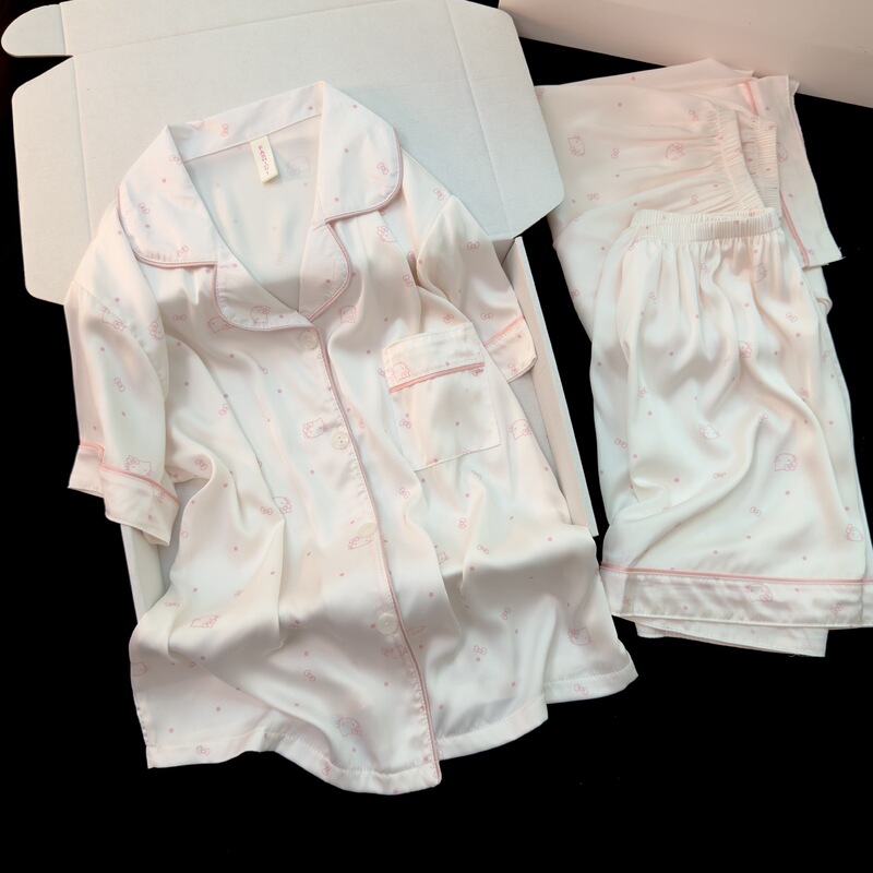 Cute Kitten Ice Silk Pajamas for Women 2026 New Short-Sleeved Three-Piece Set Cute Girl Silk Home Clothes