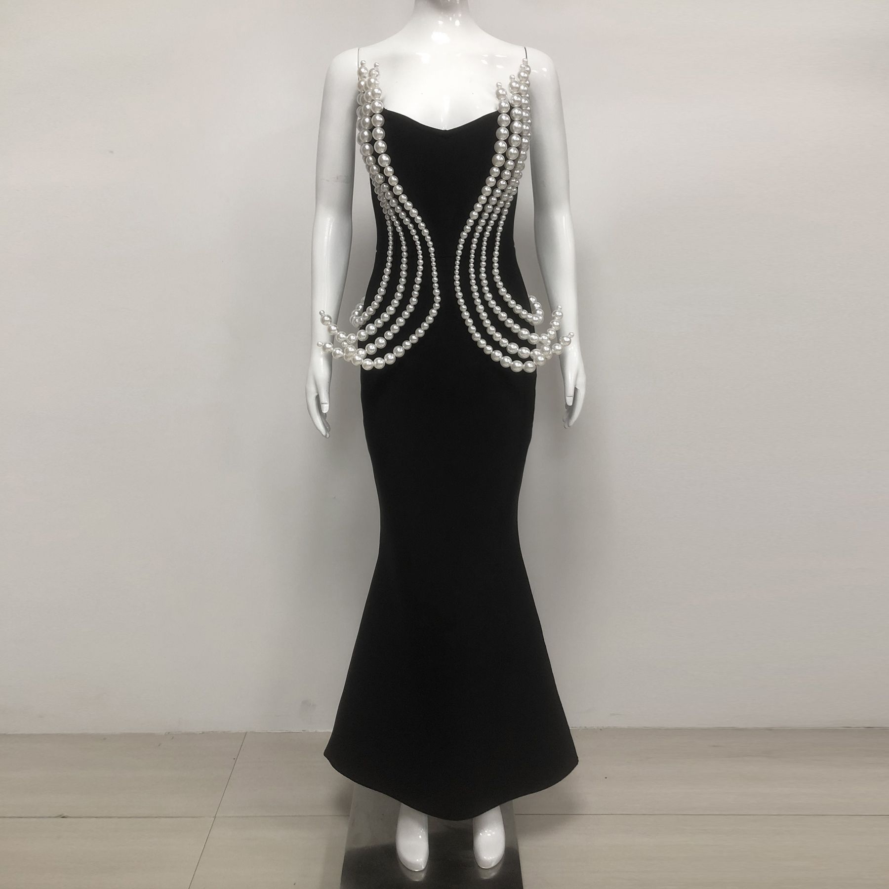 Summer Pearl Tube Top Retro Multi Layer Pearl Sleeveless Bandage Maxi Dress