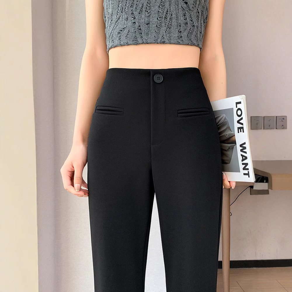 Pantalones de boquilla negra para mujeres de cintura alta y delgada 2025 nuevos pantalones casuales de alta elasticidad