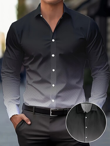 Men's Casual Long-Sleeve Printed Shirt Spring and Autumn Popular Gradient Color Comfortable Breathable Collar-Up Top
