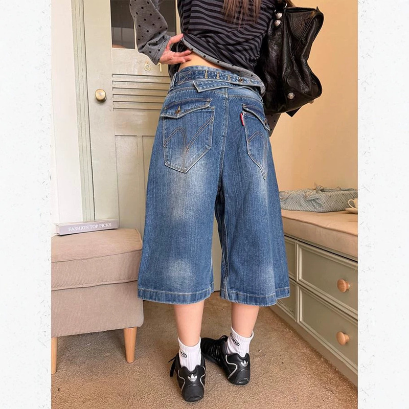 American-Style Washed Bamboo Texture Denim Cropped Pants for Men and Women, Trendy Summer Heavy-Duty Loose Shorts with a Sense of Design American-Style Washed Bamboo Texture Denim Cropped Pants for Men and Women, Trendy Summer Heavy-Duty Loose Shorts with a Sense of Design