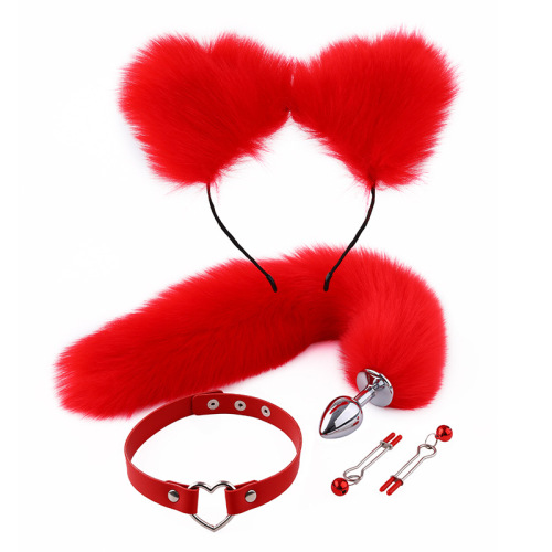 Fox tail anal plug, backyard flirting, nipple clip, ear collar, adult sex toy, artificial tail hair set toy