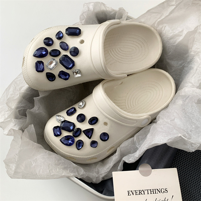 Blue Gemstone Rhinestone Clogs for Women Eva Flats Toe Simple Casual High-End Korean Style Slip-On Slippers