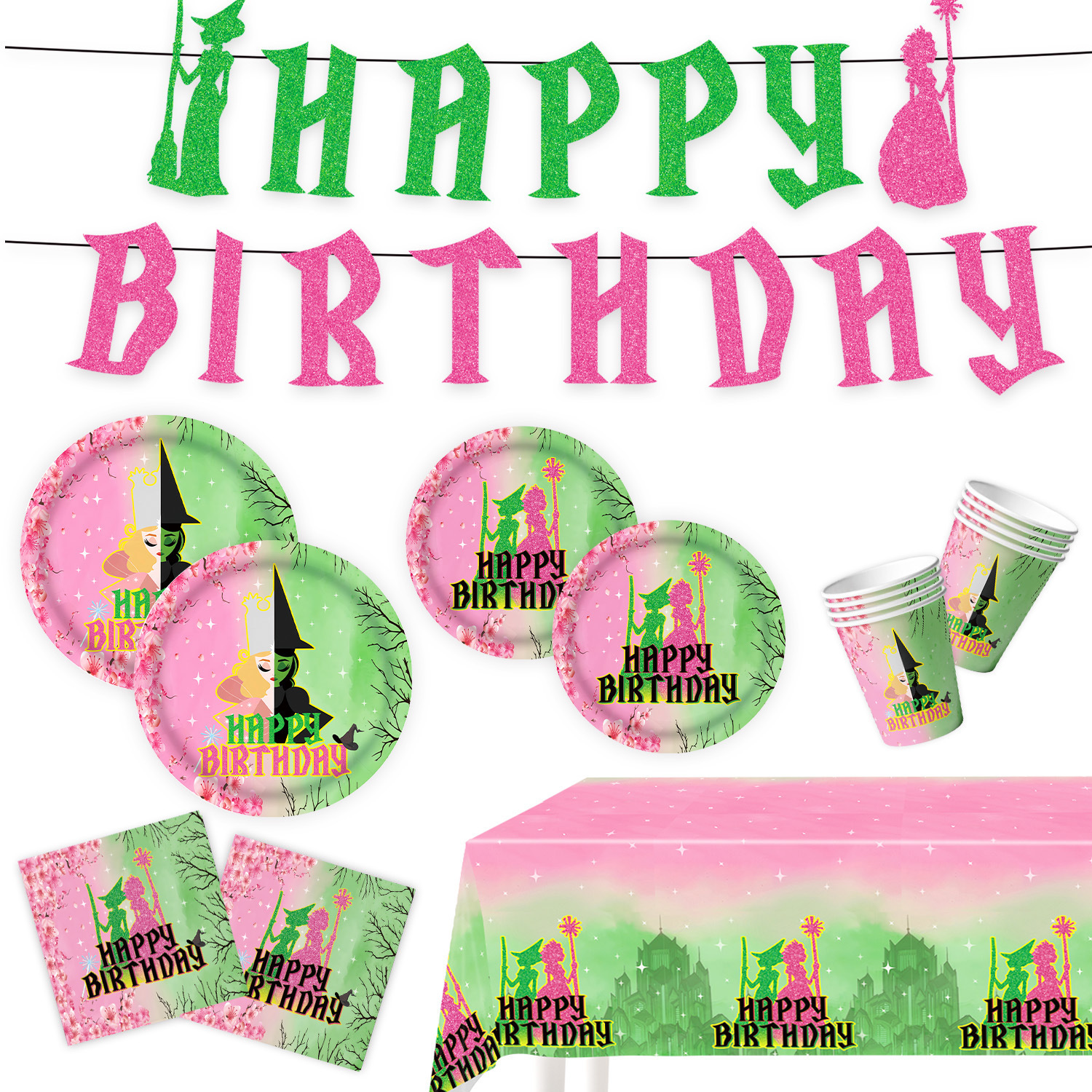 Magic Wicked Witch Theme Holiday Party Disposable Paper Tray Paper Cup Flags Tablecloth Decoration Pink Green suit