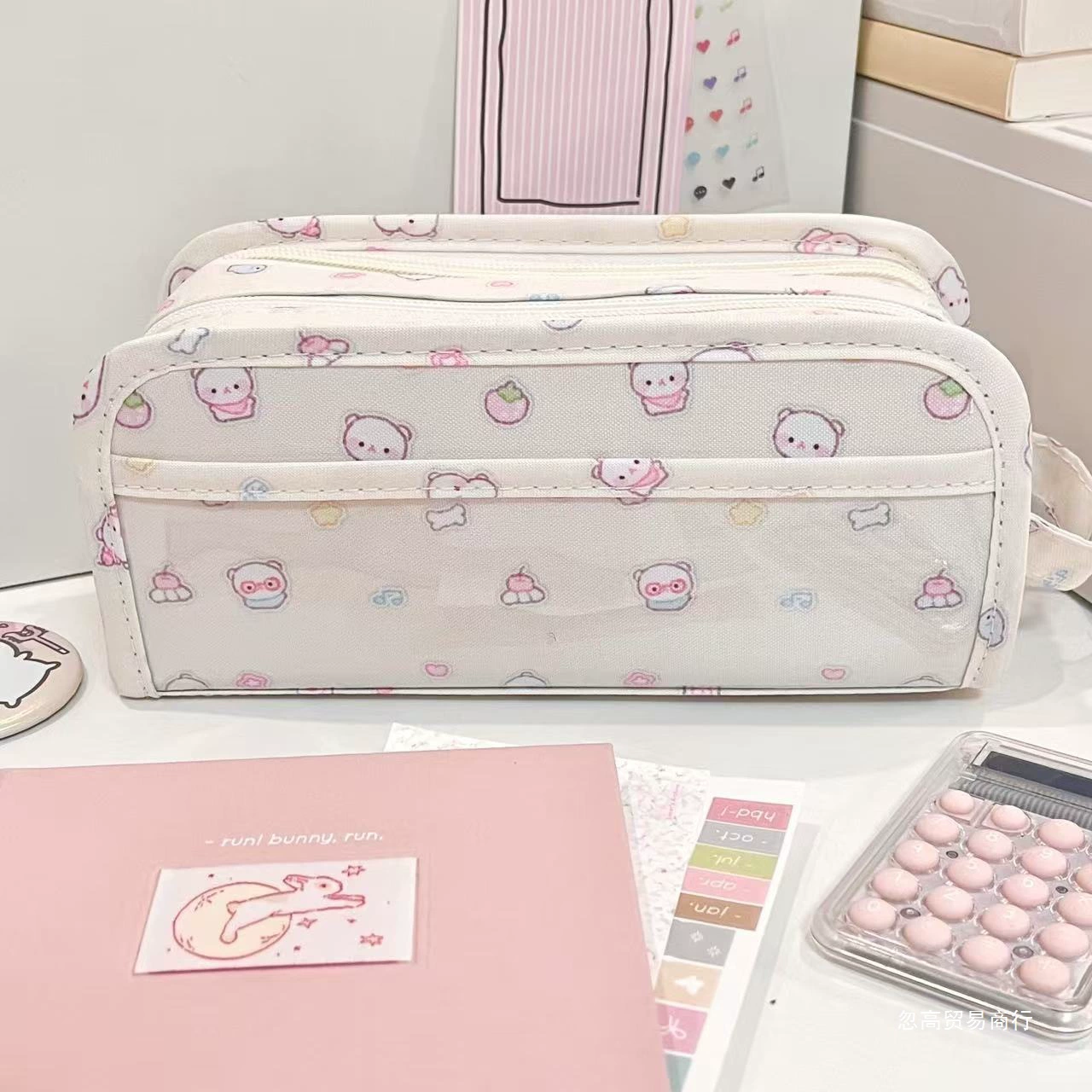 High quality handheld capacious storage system for students, universal pencil case, with little bears