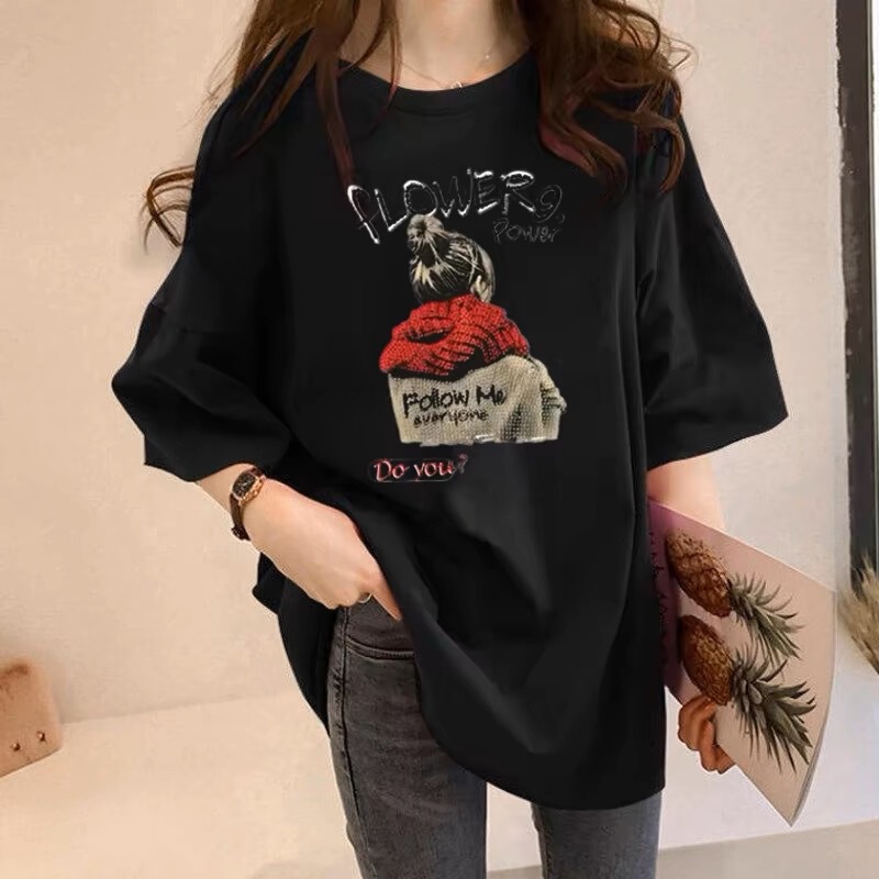 Black short-sleeved T-shirt women's summer 2024 New European large loose ins fashion brand Cotton mid-length top