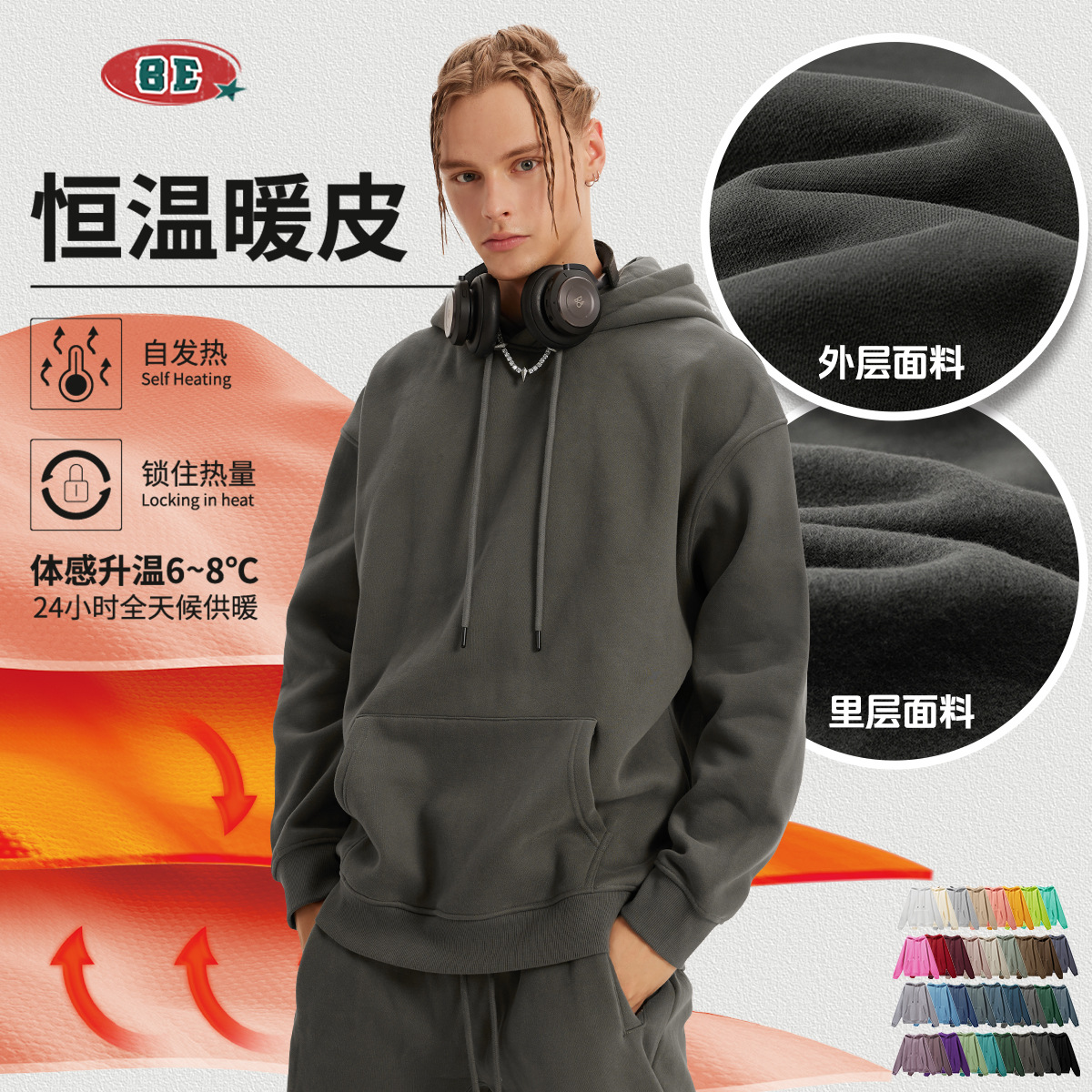 Suéter de marca de moda americana 2025 para hombre Suéter de color sólido suelto negro 33 colores 345g más suéter con capucha de terciopelo para hombre image 5