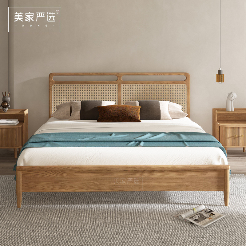 New Chinese Solid Wood Bed 1.8 m Japanese Log Homestay Rattan Bedroom Double Bed Internet Celebration Hotel Room Furniture