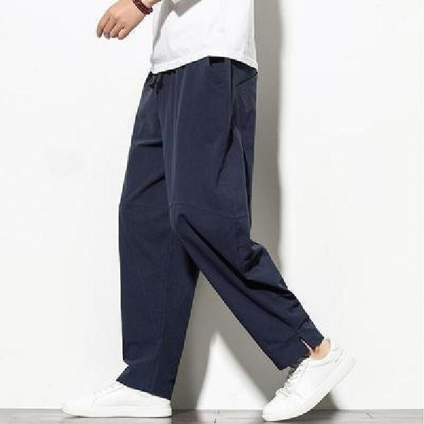Pantalones de hombre de estilo chino pantalones de lino sueltos casuales primavera y verano pantalones harem de pierna ancha de lino de algodón recto fino linterna