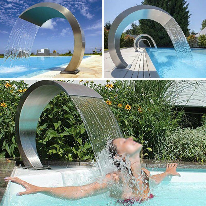Fuente para piscina de acero inoxidable, cortina de agua curva, cascada, salida de spa, boquilla de impacto, hidromasaje, cortina de agua